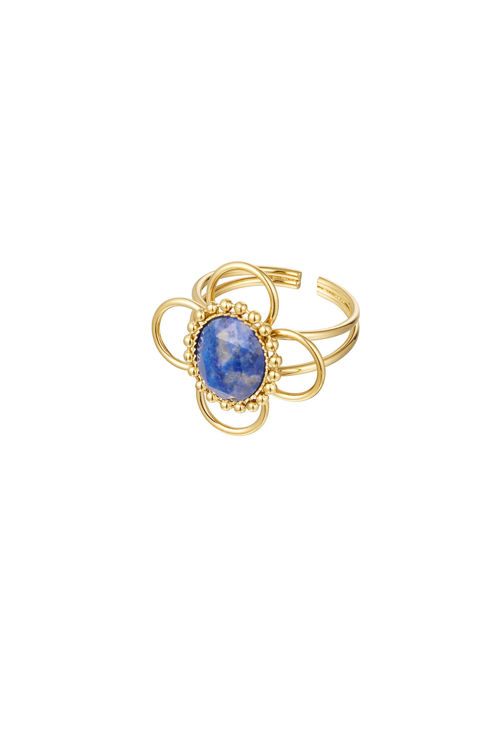 Afbeeldingen van Verstelbare Ring classy bloem met steen - goud/blauw