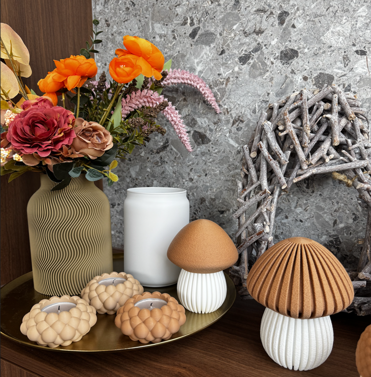 Afbeeldingen van 3D-geprinte Paddenstoel – Sfeervolle Theelichthouder & Decoratie-LARGE-Dark Brown en Latte Brown-Geribbeld deksel