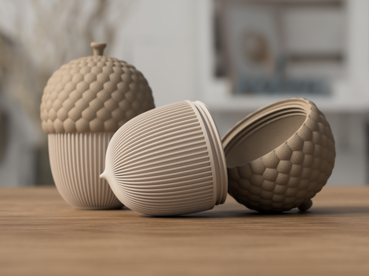 Afbeeldingen van 3D-geprint Eikelpotje – Decoratief & Functioneel | By-Mi | liggend | Latte Brown