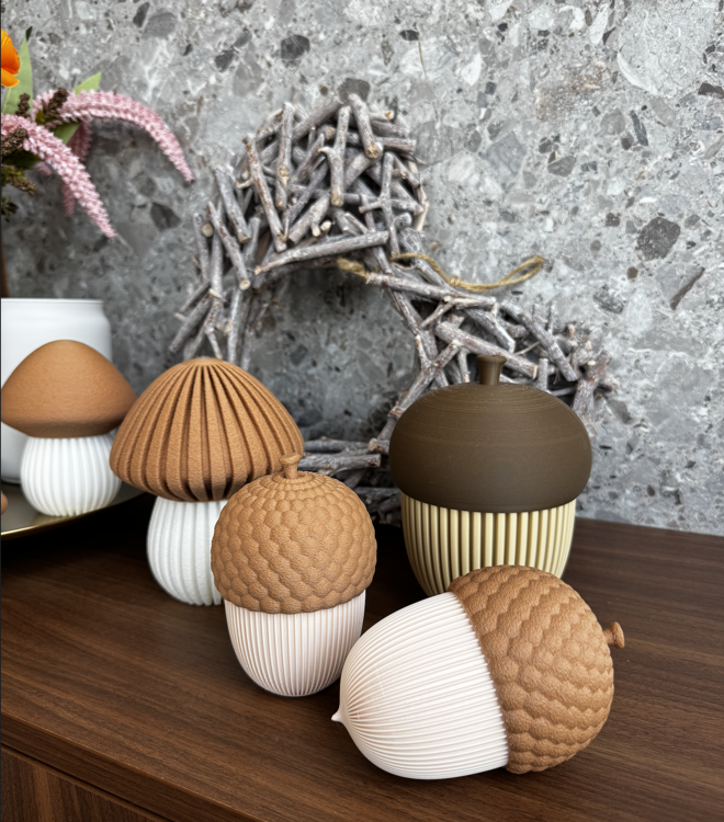 Afbeeldingen van 3D-geprint Eikelpotje – Decoratief & Functioneel-GROOT-Latte Brown en Dark Brown