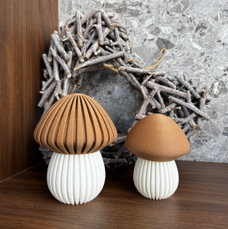 Afbeeldingen van 3D-geprinte Paddenstoel – Sfeervolle Theelichthouder & Decoratie-LARGE- Caramel en Jade Wit-Geribbeld deksel