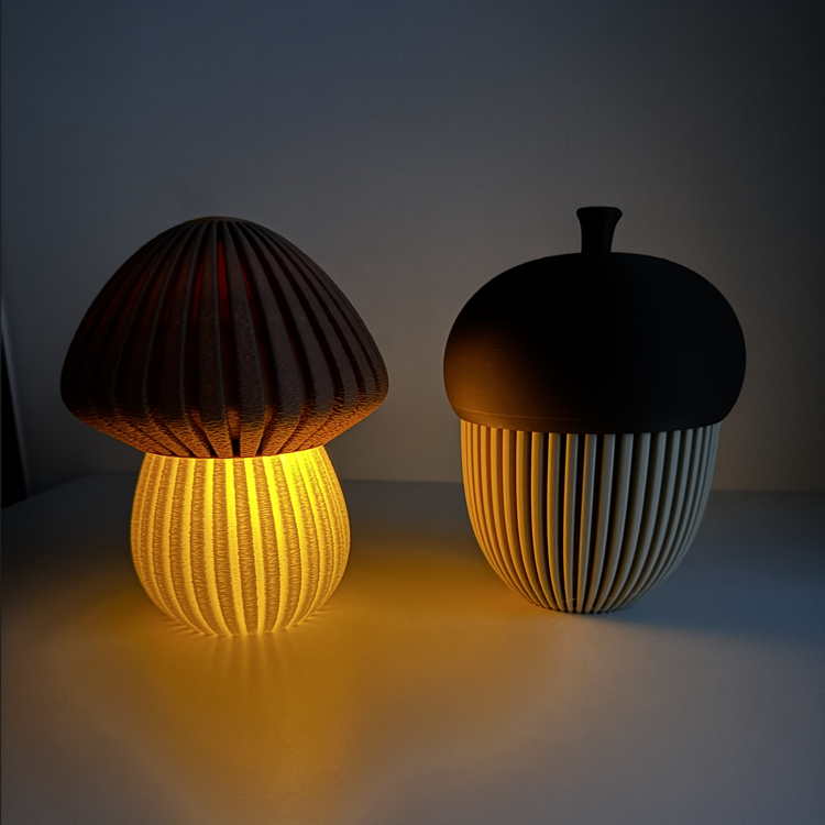 Afbeeldingen van 3D-geprinte Paddenstoel – Sfeervolle Theelichthouder & Decoratie-LARGE- Caramel en Jade Wit-Geribbeld deksel