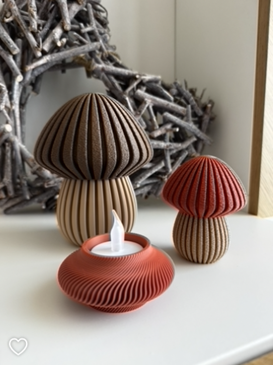 Afbeeldingen van 3D-geprinte Paddenstoel – Sfeervolle Decoratie - SMALL- Matte Dark Red- geribbeld deksel