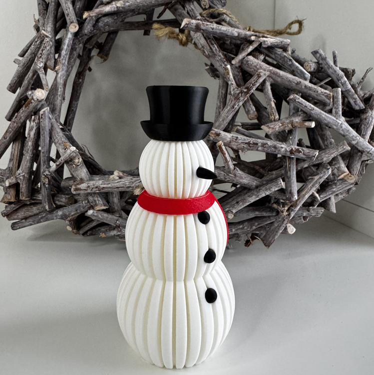 Afbeeldingen van Moderne minimalistische sneeuwman – kerstdecoratie met LED-theelicht optie - Zwarte accenten en Rode sjaal