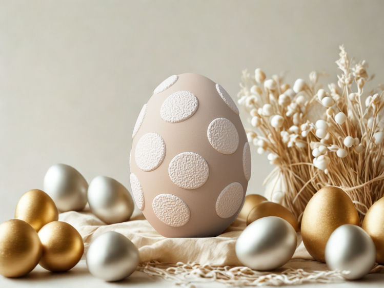 Afbeeldingen van Fuzzy paasei met stippen in 2 kleuren – decoratief paasei in pastel- en natuurtinten - 10cm